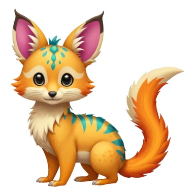 Feral Rare Fantasy vibrant colorful tropical cute, kawaii, cool, ed Vernid-Trico-species by LiLaiRa, random markings, tufted tail, tufted ears, full body, cheek markings sticker