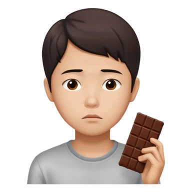 A young Asian dieter with a gloomy expression, thinking of chocolate sticker