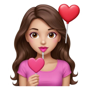 girl with long wavy brown hair, brown eyes, long lashes makeup, sexy pink lips, light to medium complexion, wearing a pink sexy top,, heart lillipop sticker