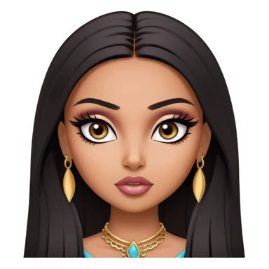 pretty bratz baddie, medium skin, dark long straight hair, arabian face, pretty eyeliner makeup sticker