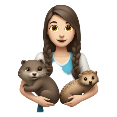 a girl with blue eyes and fair skin with an otter and a hedgehog in her hands sticker