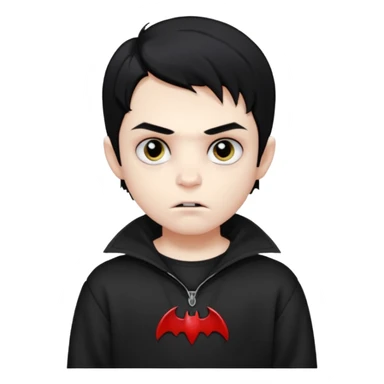 Vampire boy with the black hair, pale-white skin, black eyes, little fangs and dark circles under his eyes. He has serious face and he wear a black oversize sweatshot sticker