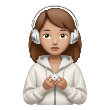 A clean, minimal emoji-style illustration of a light-skinned girl with brown hair worn loose. Her eyes are closed while listening to music with silver AirPods Max. She’s wearing a white zip-up hoodie. Smooth 3D emoji style, soft lighting, neutral tones. sticker