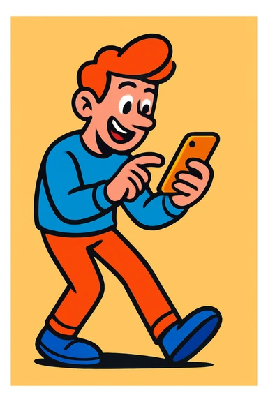 guy scrolling on phone, vibrant cartoon style sticker