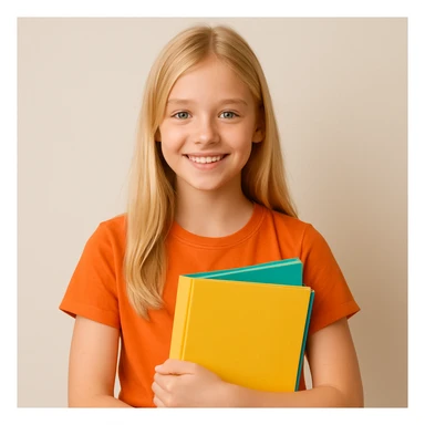 blonde girl in an orange t-shirt holding folders, simple background sticker