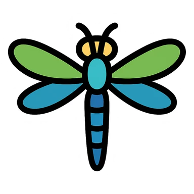 realistic dragonfly with bright green and blue wings, color outline icon style sticker