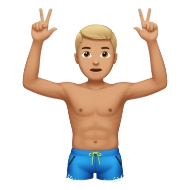 man with anger in swimming pool open arms and finger up on air sticker