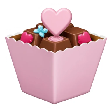Two sharp-edged square milk chocolate pralines placed diagonally, each in a white fluted paper candy cup, with smooth glossy coating.
Flat thin pastel pink heart icing centered on top with subtle sugar crystal sparkle, clean studio lighting, pure white background, realistic minimal emoji-styleใ sticker