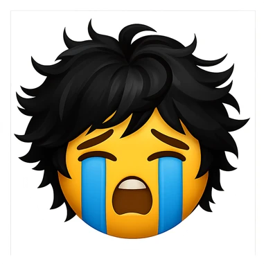 Combine the messy black hair from the first image naturally on top of the classic sob emoji face from the second image, creating a single cohesive emoji. Keep the style consistent with the sob emoji and maintain a transparent background. sticker