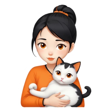 East Asian girl with high ponytail black hair hugging a predominantly white cat with orange patches, sweet and gentle, cute facial expressions sticker