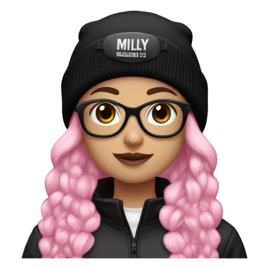 girl with black beanie and black ski goggles on beanie,hime half pink and black hair, and a black jersey that says: MILY 69 sticker