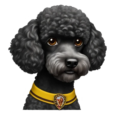 A black miniature poodle with a shaved face and a black collar with gold Versace emblems on it wearing an Arizona state #4 football jersey  sticker