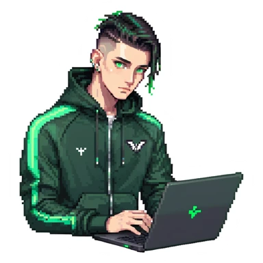 male with dark hair, wearing a black palm angels tracksuit, high fade haircut, slick back hairstyle, green eyes, green aura, coding on black laptop sticker