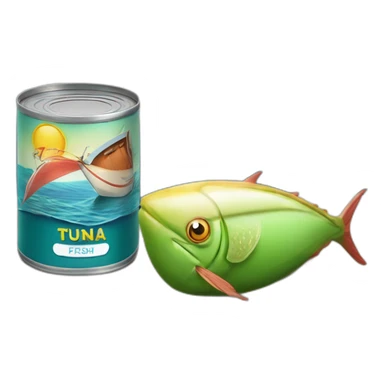 realistic can of tuna fish sowing the shape of a sailling boat on a sea background sticker