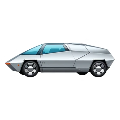A futuristic chrome car emoji, sharp geometric body design inspired by cybertruck aesthetics, smooth silver metallic surface, matte and glossy chrome mix, minimal details, soft reflections, clean edges, iOS emoji style, centered, clean white background, soft studio lighting, no text sticker