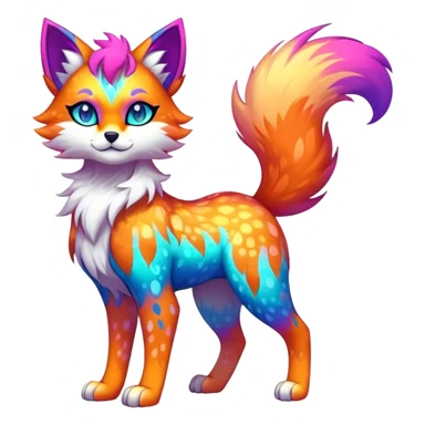 Vibrant multicolored neon-colored Falvie-Fionbri-creature-sparkle-feline-canine-hybrid-fursona, full body, fur pattern-markings sticker