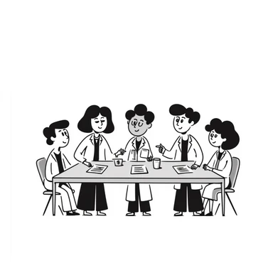 Hand-drawn meeting of emergency medical fund committee with doctors, nurses and financial documents sticker