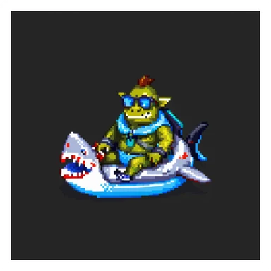 orc male sitting in an inflatable floatie shaped like a shark, wearing oversized sunglasses and a whistle on a neck cord, pixel art style sticker