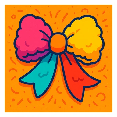 fluffy bow, vibrant colors, cartoon style, playful and lively sticker