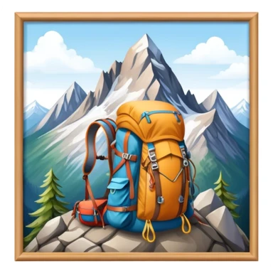 Icon for Mountain Tourism and Climbing: a mountain peak in the background, climbing gear and backpack. The icon should capture the adventure and challenge of alpine exploration. Transparent background. sticker