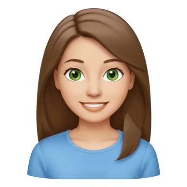 Adult woman avatar, light skin tone, oval face, straight long ash-brown hair, green eyes, neutral mouth, sky blue top sticker