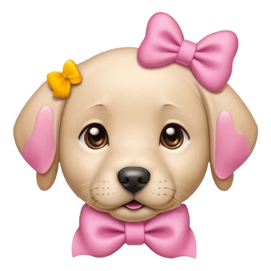 A beige labrador puppy wearing a pink bow on its head and collar  sticker
