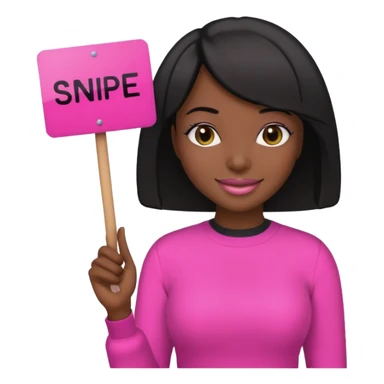 Dark skin woman with black bob in hair holding sign that says snipe  wearing pink outfit  sticker