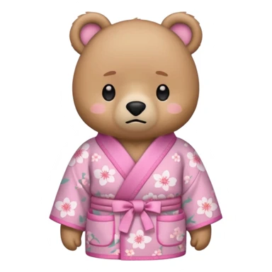 A cute light-brown bear wearing a pastel pink sakura-patterned kimono, normal balanced body ratio.  
Pulling out both empty pockets with a sad and embarrassed expression, small sigh lines.  
Kawaii emoji style, minimalistic clean sticker illustration, white background. sticker