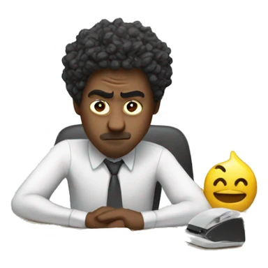 Working in front of messy desk, sad face sticker