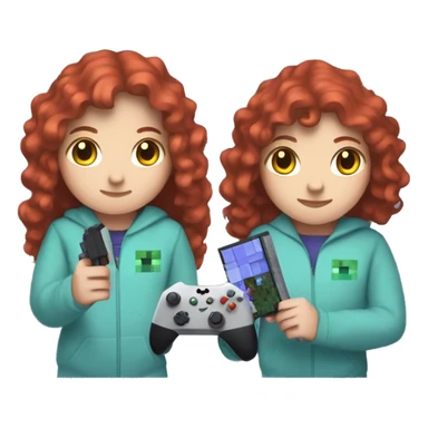 a white girl with long red curly hair, wearing periwinkle Minecraft hoodie holding a controller sticker