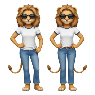 friendly anthropomorphised female lion character, full body, standing confidently with arms folded, wearing jeans, a t-shirt, and dark sunglasses, with a confident smile sticker