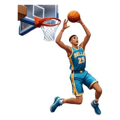 An icon showing a close-up of a basketball player in mid-air, performing an impressive dunk, inspired by NBA 2K25. The player is focused, with the ball in hand and the court in the background. Bright lights emphasize the action and excitement. Transparent background. sticker