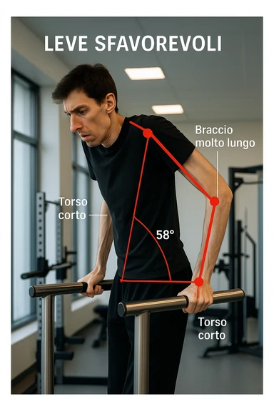 a tall, lean man with very long arms and a short torso attempts a dip on parallel bars. His elbows are deeply bent and his body appears awkwardly positioned, highlighting the mechanical disadvantage. An overlay shows anatomical lines and angles, with labels explaining “Leve Sfavorevoli” The background is a modern gym, with a focus on biomechanics. in italiano sticker