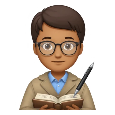 man hold a pen in hand write in book , wearing glasses sticker