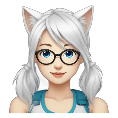 anime style white hair catgirl, black glasses, tank top, pony tail hair, blue eyes sticker
