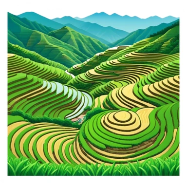 Longji Rice Terraces Guangxi curved farming terraces, simplified emoji style with bold outlines and bright colors, cartoon style layered green fields on mountain sticker
