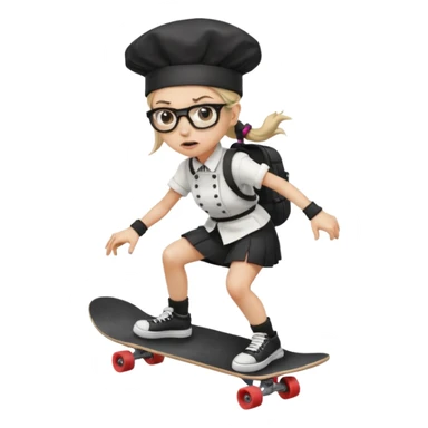 ["An angry woman with light skin, ponytail, wearing a chef hat and square glasses, dressed in goth fashion, is skateboarding while holding a backpack."] sticker