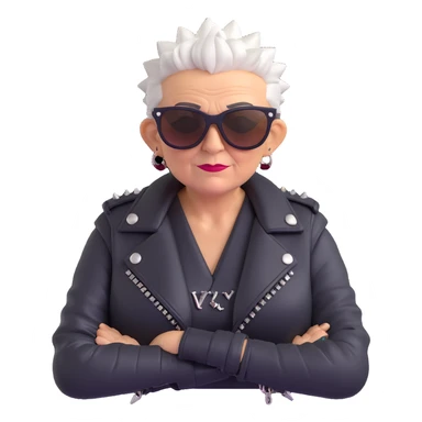 A punk grandma with a leather jacket, spiked hair, and sunglasses sticker
