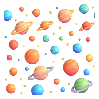 Colorful planets and stars floating in space, white background, bright colors, lively atmosphere sticker