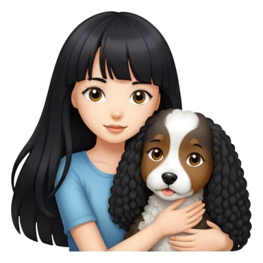 A beautiful girl with long black straight hair and bangs hugs a curly-haired dog sticker