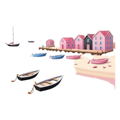 calm summery harbor scene with small boats, wooden docks, gentle pink waves, sandy beach, no cranes or industrial features, only pink shades, soft shadows, rounded edges, in Apple iOS emoji style sticker