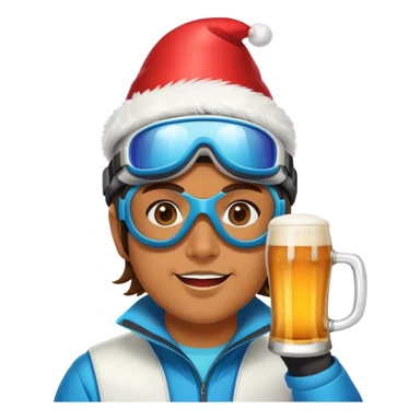 After-ski, a skier, wearing modern skiing goggles, drinking beer. Party sticker