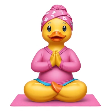 side view of yellow rubber duck with a pink bandana doing yoga while praying sticker