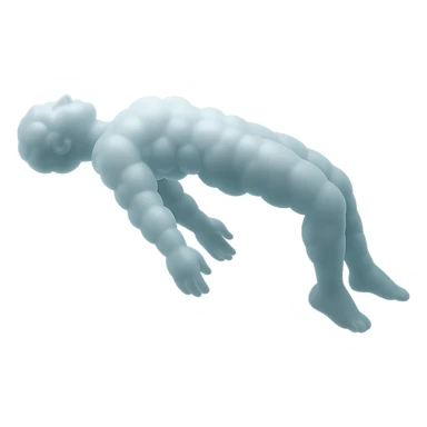 side view of unconscious person flying with torso upwards and legs and arms downwards, made of small very bright white fluffy convex clouds, matte glass style sticker