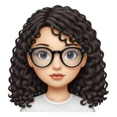 create a frontend girl that has a round face and very long curly hair with a side curtain bangs and wears black square rayban glasses doesnt smile with her teeth and white sticker