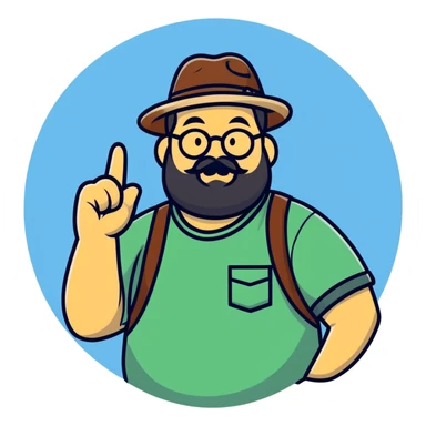 Fat bearded nerd wearing fedora hat pointing up to the sky with finger sticker