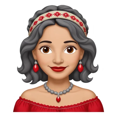 Latina woman, 50 years old, warm light brown skin, round face, wavy black and gray hair, red and white headband, medium eyes, thin eyebrows, kind smile, gray peasant blouse, embroidery, bare shoulders, large dark necklace sticker