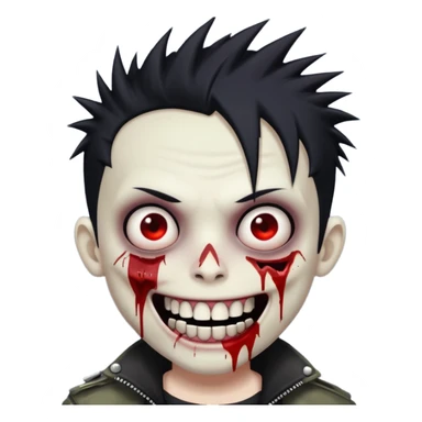 zombie boy with emo spiky hair, white skin, and white eyes; an open smile, and bloodied teeth; sticker