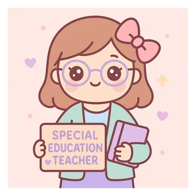 special education teacher with a pink bow in her hair, kawaii style, big eyes, sweet expression, pastel background sticker