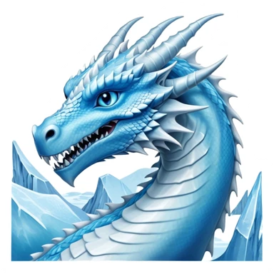 Cinematic Noble elegant Ice Dragon Portrait Emoji, Poised and imposing, distinct long elegant snout, with a slender, scaled body shimmering in glacial hues of icy blue, frostbitten silver, and crystalline white, breathing out frost, with piercing, glowing ice blue white eyes that radiate the chilling depths of an arctic storm; rendered in detail. excuding wisdom sticker